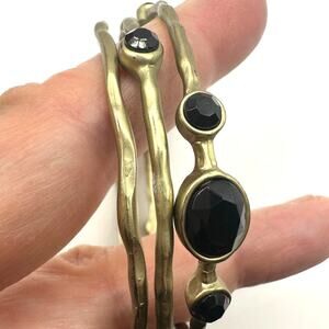 Bangle Bracelet Set 3 Black faceted oval stone Casual Antique gold tone finish
